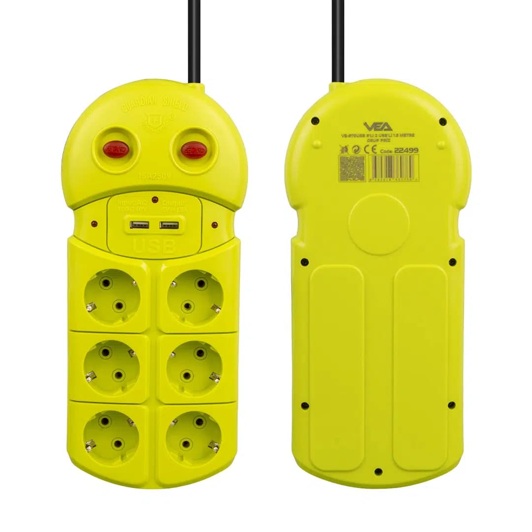 Vea VE-970USB 6'Lı 2 USB'li 1.5 Metre Grup Priz - Seyyar Elektronik