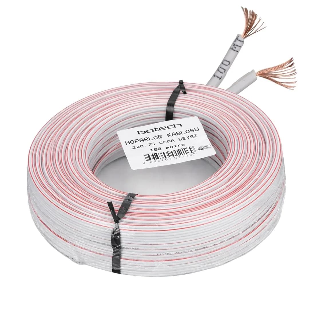 BOTECH 2x0.75mm CCAM 48 Tel Beyaz-Kırmızı Kodlu 100 Metre Hoparlör Ses Kablosu - Seyyar Elektronik
