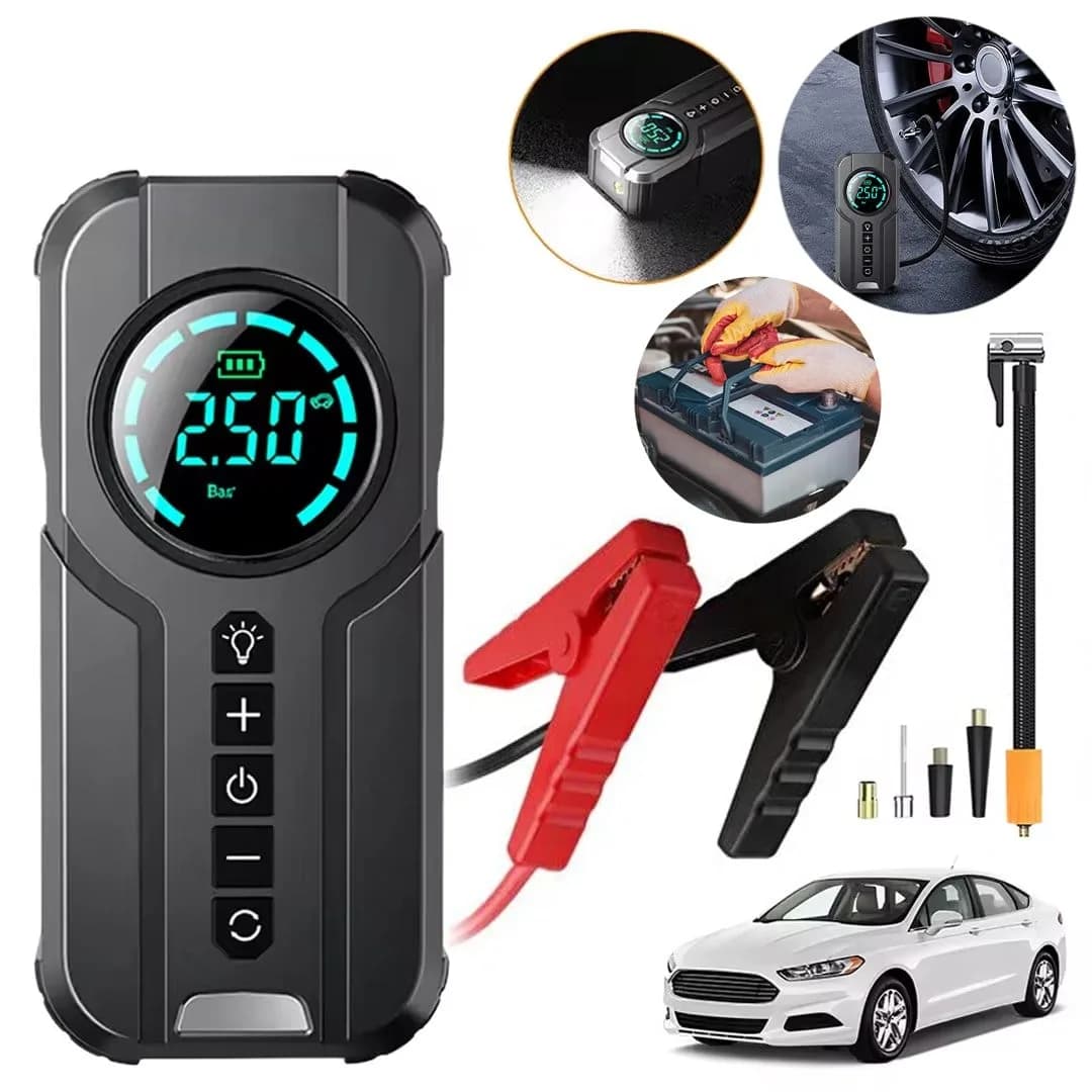 Buwei BW-29879 Powerbank Araç Akü Şarj Lastik Hava Kompresörü Şişirici Taşınabilir Dijital Kablosuz El Feneri - Seyyar Elektronik