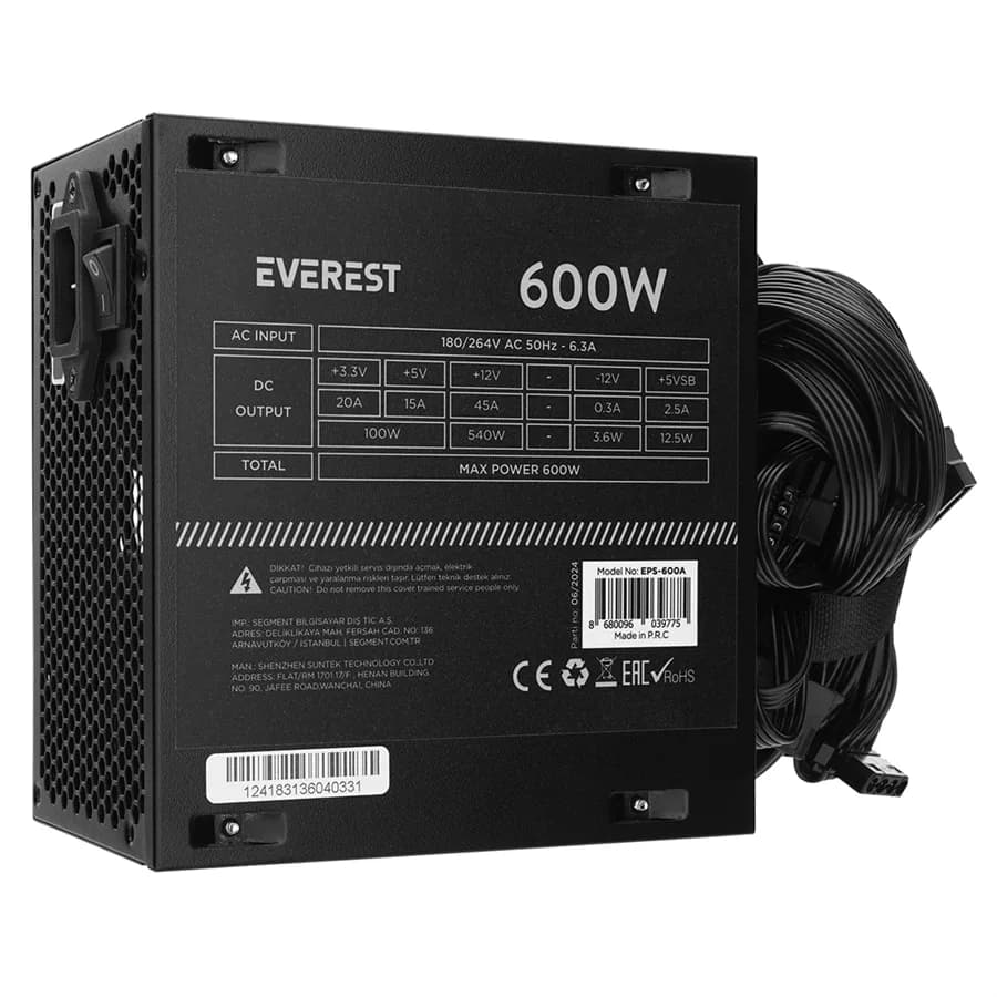 Everest EPS-600A Real 600W 4*SATA 12cm Fanlı Oyuncu PC Destekli Power Supply PSU - Seyyar Elektronik