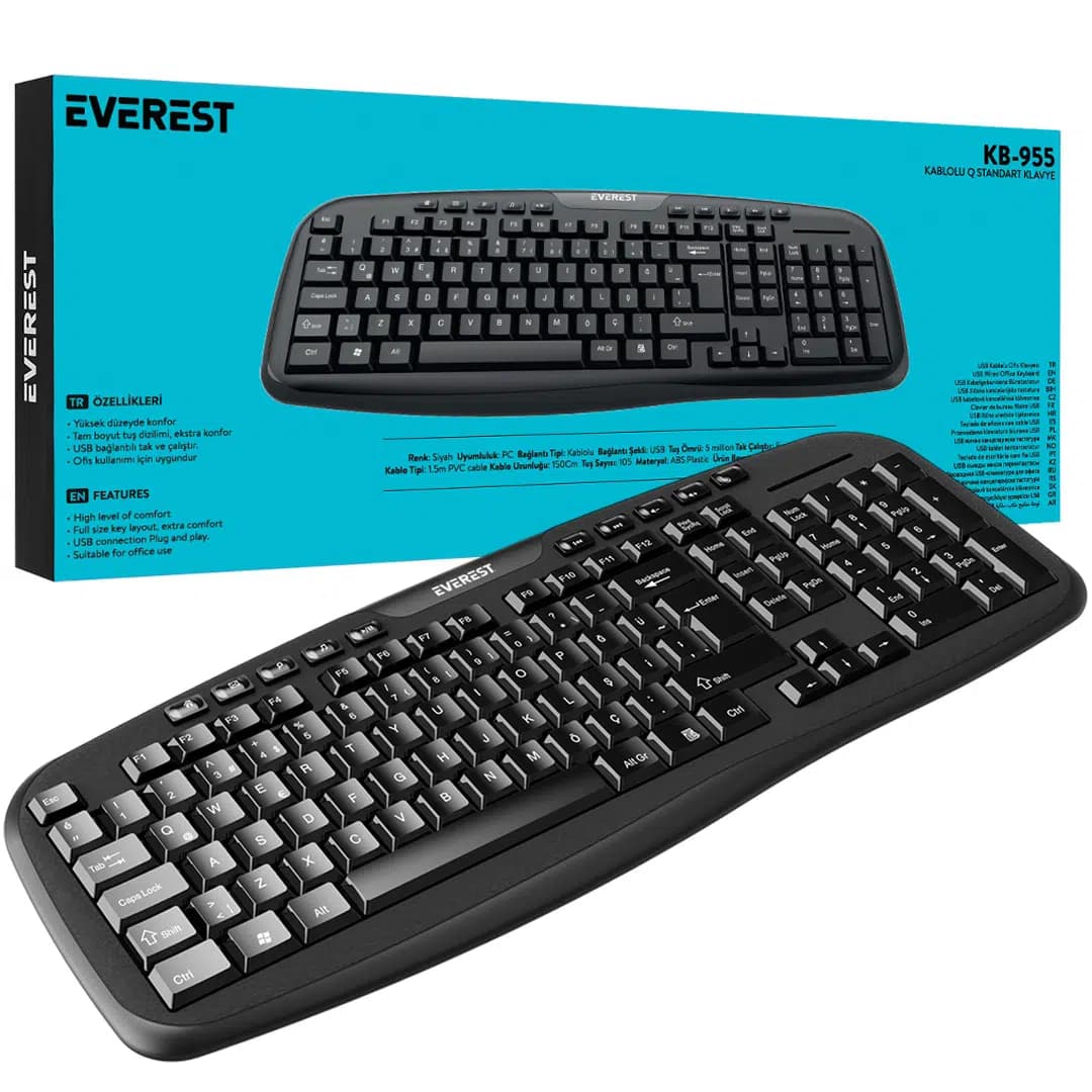 Everest KB-955 Siyah Usb Multimedia Kablolu Q Standart Klavye - Seyyar Elektronik