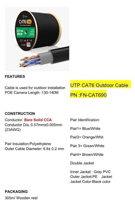 Feny FN-CAT690 305 Metre 23 AWG 0.57mm Dış Mekan Cat6 UTP Kablo - Seyyar Elektronik