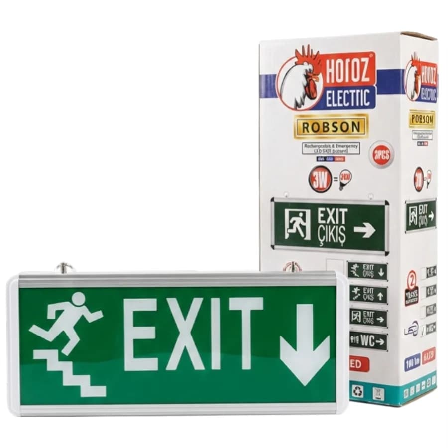 Horoz Robson 3W 160 Lümen Şarjlı Acil Merdiven Aşağı Çıkış Exit Levhası (2'li Paket) - Seyyar Elektronik