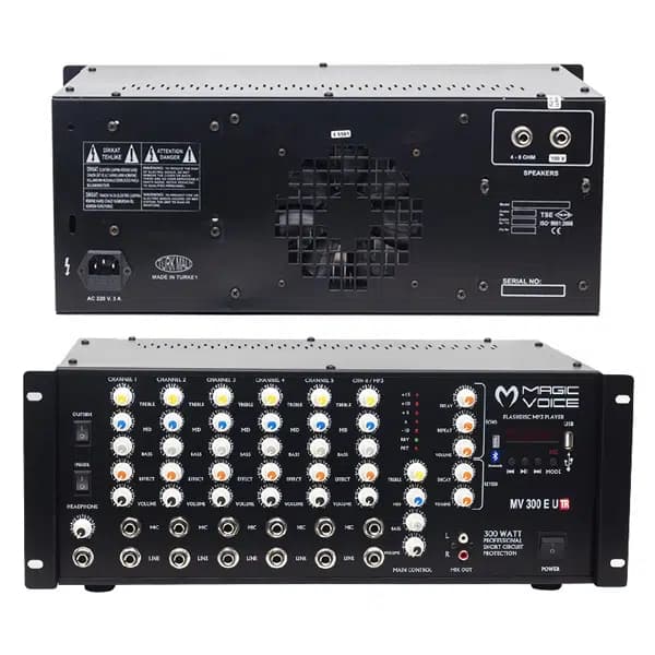 Magicvoice MV-300EF-TR 300 Watt 6 Mikrofon Girişli USB-Bluetooth Destekli Trafolu Mixer Anfi - Seyyar Elektronik