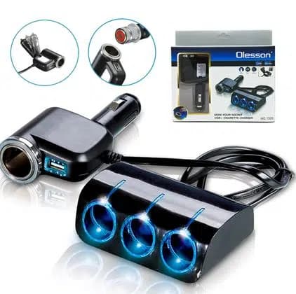 Olesson 1528 12-24V Tek USB Girişli 120W 80cm Kablolu 3'LÜ Araç Çakmak Çoklayıcı - Seyyar Elektronik