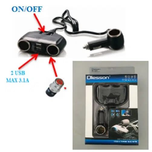 Olesson 1630 12-24V Çift USB Girişli 120W 80cm Kablolu 2'LI Araç Çakmak Çoklayıcı - Seyyar Elektronik