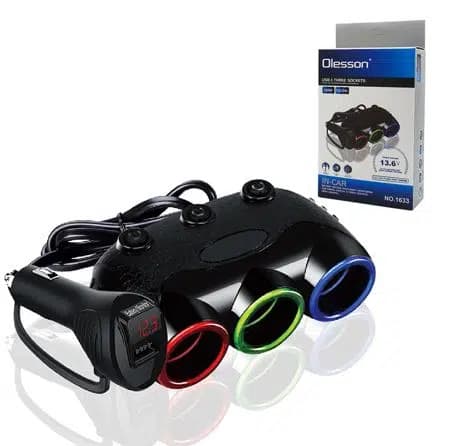 Olesson 1633 12-24V Tek USB Girişli 120W 80cm Kablolu Dijital Voltaj Ekranlı 3'lü Araç Çakmak Çoklayıcı - Seyyar Elektronik