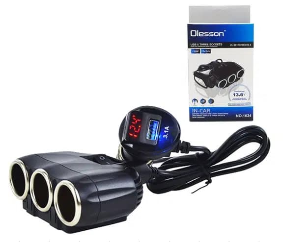 Olesson 1634 12-24V Tek USB Girişli 120W 80cm Kablolu Dijital Voltaj Ekranlı 3'lü Araç Çakmak Çoklayıcı - Seyyar Elektronik