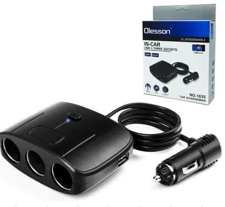 Olesson 1635 12-24V Çift USB Girişli 100W 70 CM Kablolu 3'LÜ Araç Çakmak Çoklayıcı 100x66x40mm - Seyyar Elektronik