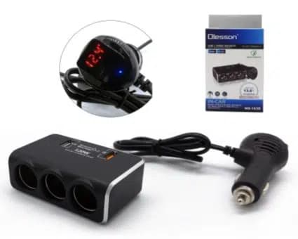 Olesson 1639 12-24V Çift USB Girişli Hızlı Şarj Destekli 120W 80cm Kablolu Dijital Voltaj Ekranlı 3'lü Araç Çakmak Çoklayıcı - Seyyar Elektronik