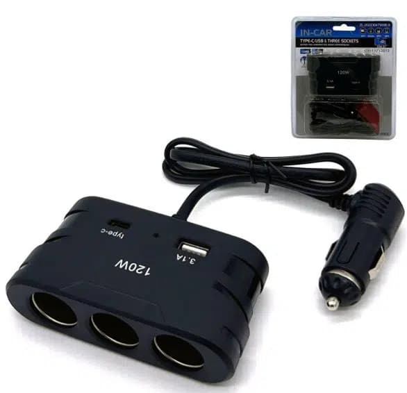 Olesson 2013 12-24V TYPE-C + USB Girişli 120W 80 CM Kablolu 3'lü Araç Çakmak Çoklayıcı - Seyyar Elektronik