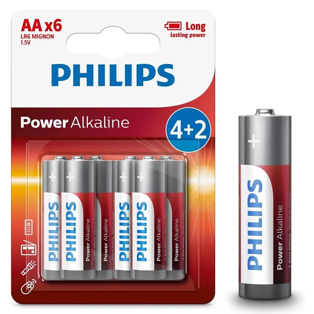 Philips LR6P6BP/10 LR6 Mignon 1.5 Volt 4+2 Power Alkaline AA Kalem Pil (6'li Paket) - Seyyar Elektronik