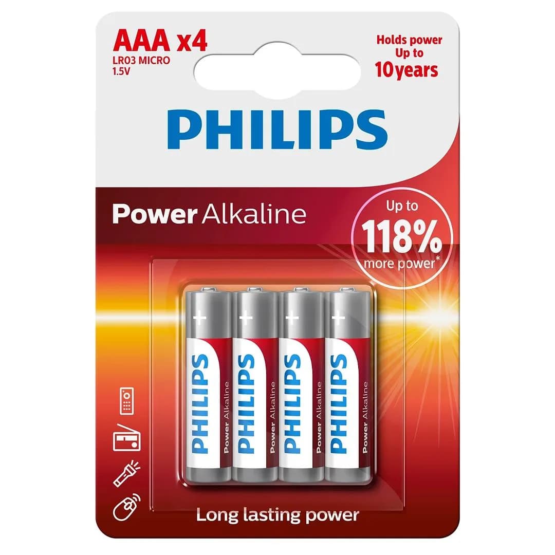 Philips Power Alkaline AAA LR03 1.5V İnce Kalem Pil 4'lü Paket (LR03P4B/10) - Seyyar Elektronik