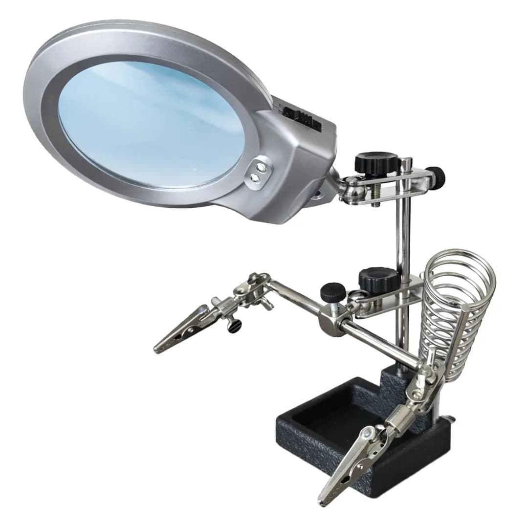 PowerMaster PM-11470 Profesyonel Işıklı Havya Standı ve Büyüteç 90mm Lens 3X Büyütme Sünger Hazneli - Seyyar Elektronik