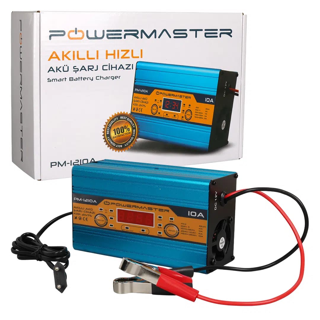 Powermaster PM-1210A 12 Volt Max 10 Amper LCD Ekranlı Akıllı Akü Şarj Cihazı - Seyyar Elektronik