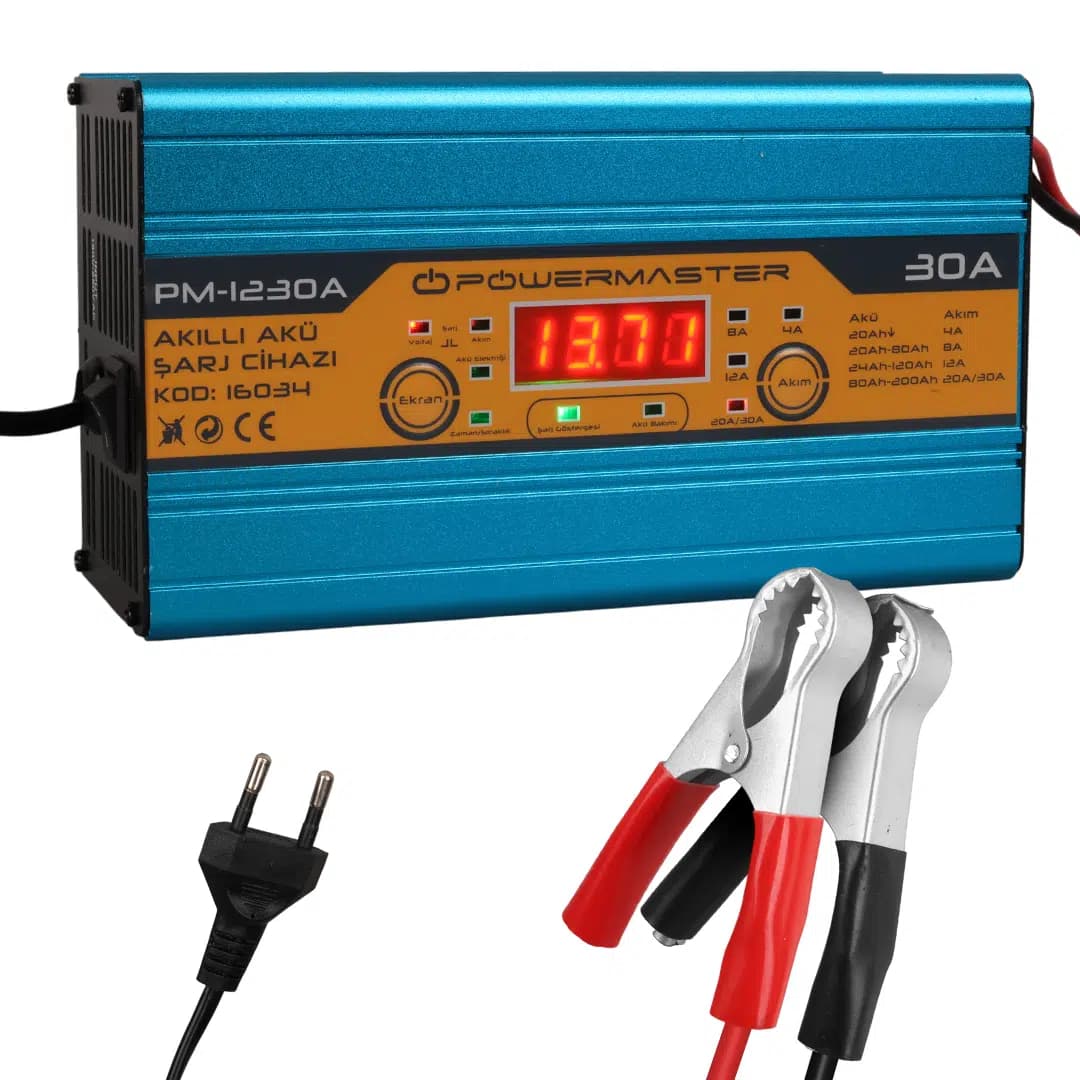 Powermaster PM-1230A 12 Volt 30 Amper LCD Ekranlı Akıllı Akü Şarj Cihazı - Seyyar Elektronik