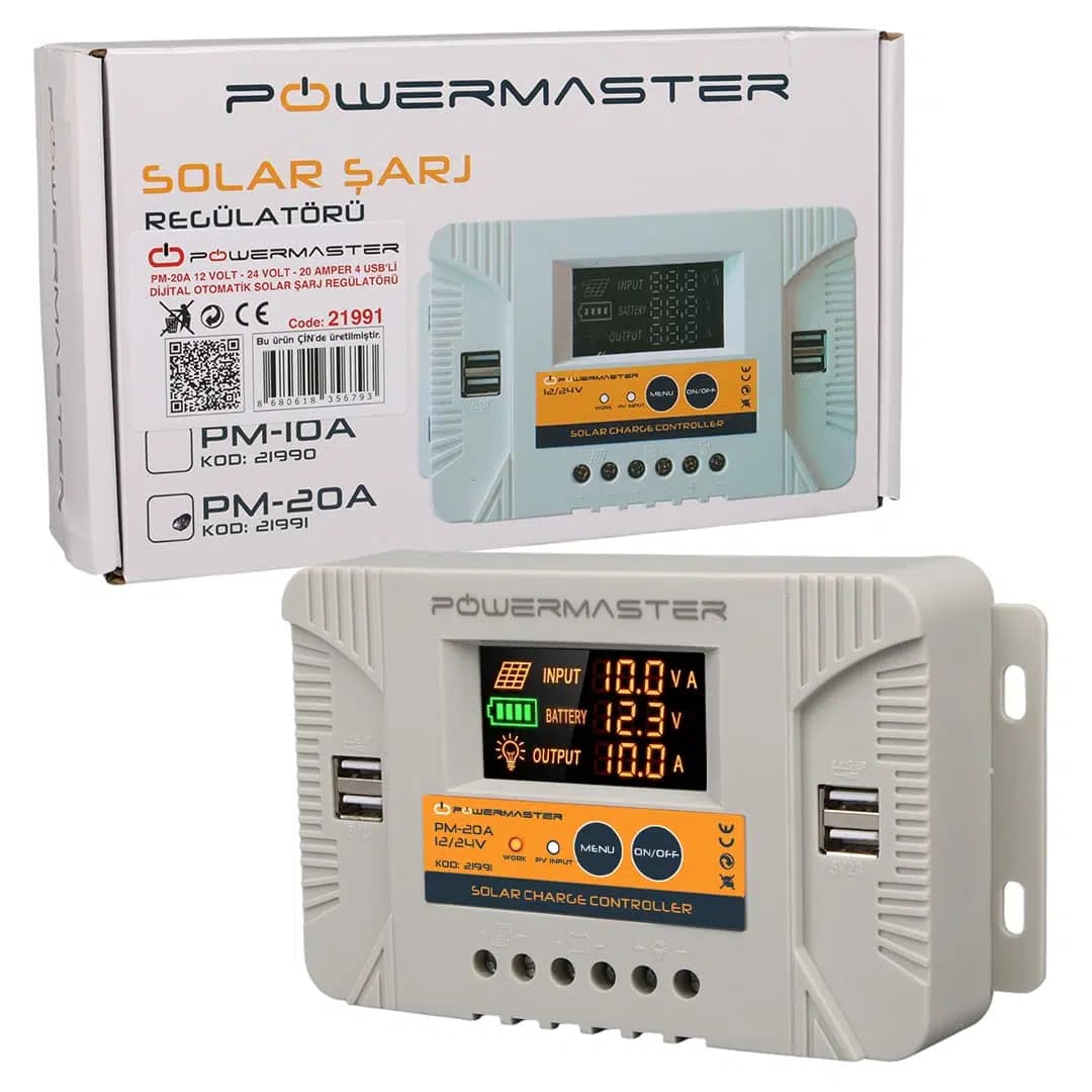 Powermaster PM-20A 12V-24V 20 Amper 4 USB Çıkışlı Dijital Ekranlı Solar Şarj Regülatörü - Seyyar Elektronik