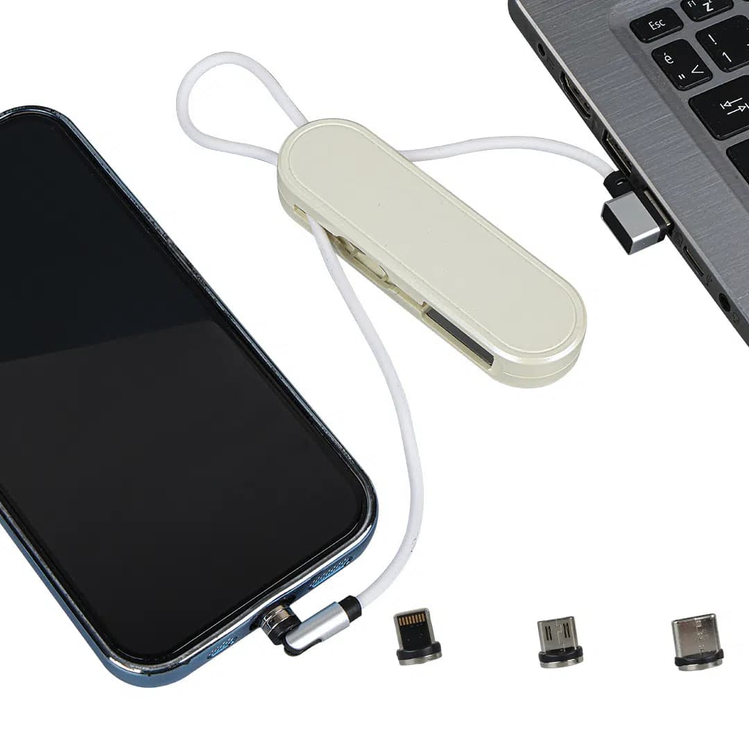 Powermaster PM-25905 Beyaz 3in1 (Type C- Lightning-Micro Usb) Manyetik Uç Taşınabilir Şarj Kablosu - Seyyar Elektronik