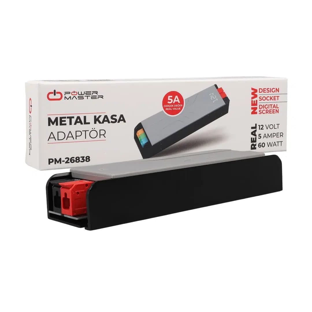 PowerMaster PM-26838 12 Volt 5 Amper 60 Watt Slim Metal Kasa Adaptör 148x43x27mm - Seyyar Elektronik