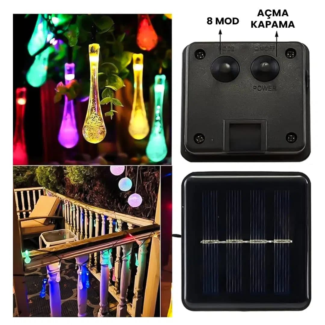 PowerMaster PM-29077 8 Modlu Solar 5M Renkli Su Damlası LED Zinciri - Su Geçirmez Bahçe ve Balkon Aydınlatması - Seyyar Elektronik
