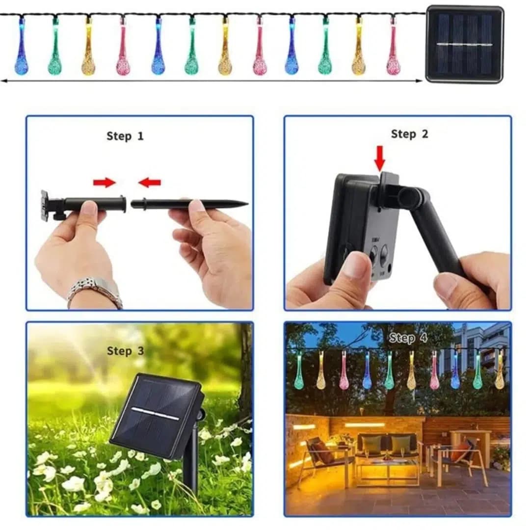 PowerMaster PM-29078 8 Modlu Solar 12M Renkli Su Damlası LED Zinciri - Su Geçirmez Bahçe ve Balkon Aydınlatması - Seyyar Elektronik