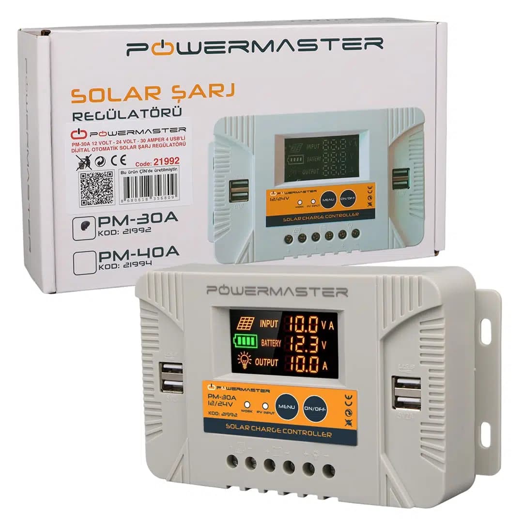 Powermaster PM-30A 12V-24V 30 Amper 4 USB Çıkışlı Dijital Ekranlı Solar Şarj Regülatörü - Seyyar Elektronik