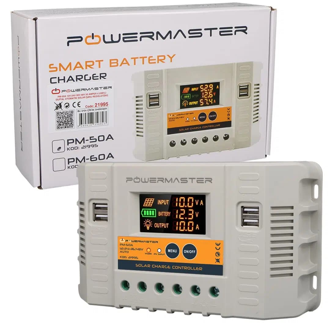 Powermaster PM-50A 12V-24V-36V-48V 50 Amper 4 USB'li Dijital Otomatik Solar Şarj Regülatörü - Seyyar Elektronik