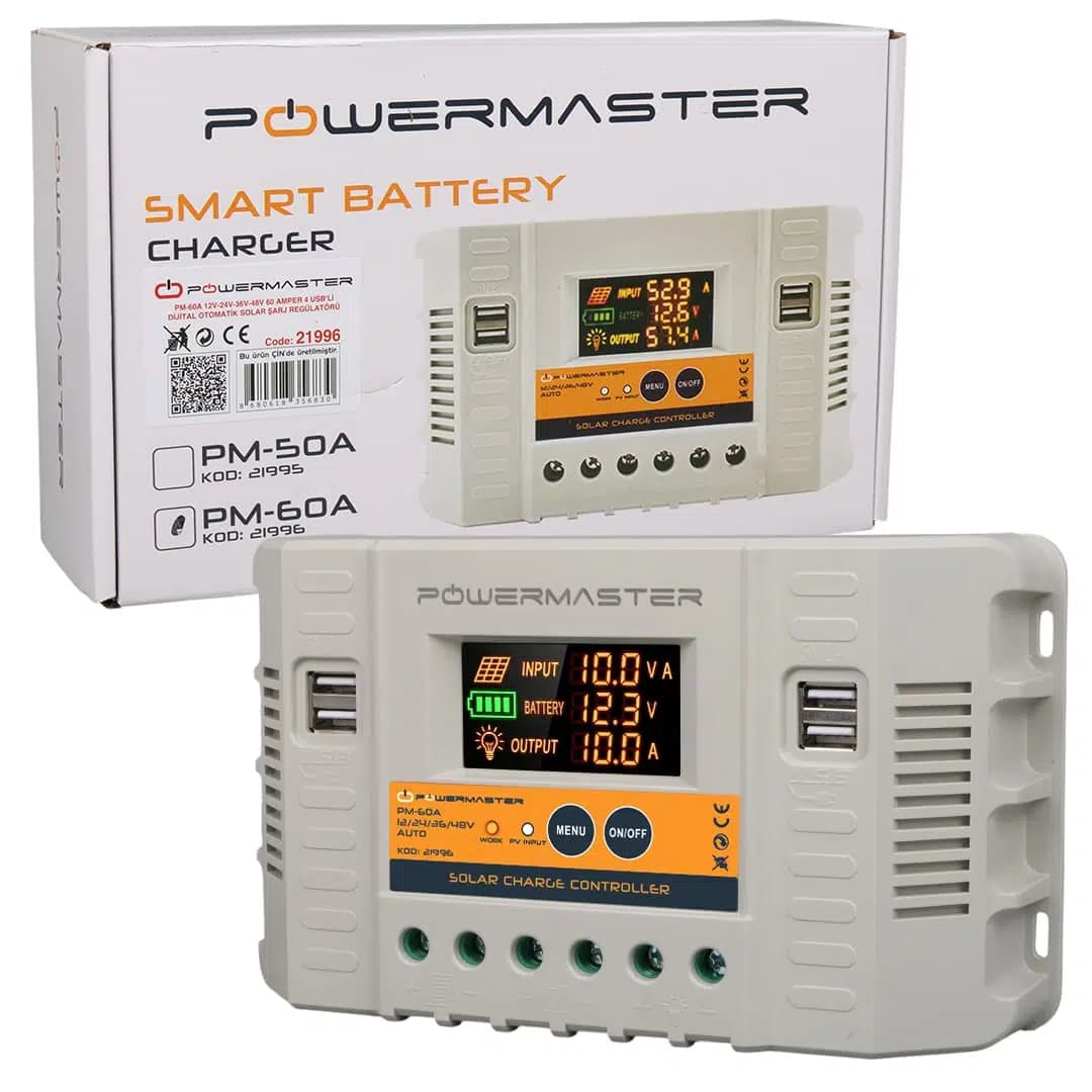 Powermaster PM-60A 12V-24V-36V-48V 60 Amper 4 USB'li Dijital Otomatik Solar Şarj Regülatörü - Seyyar Elektronik