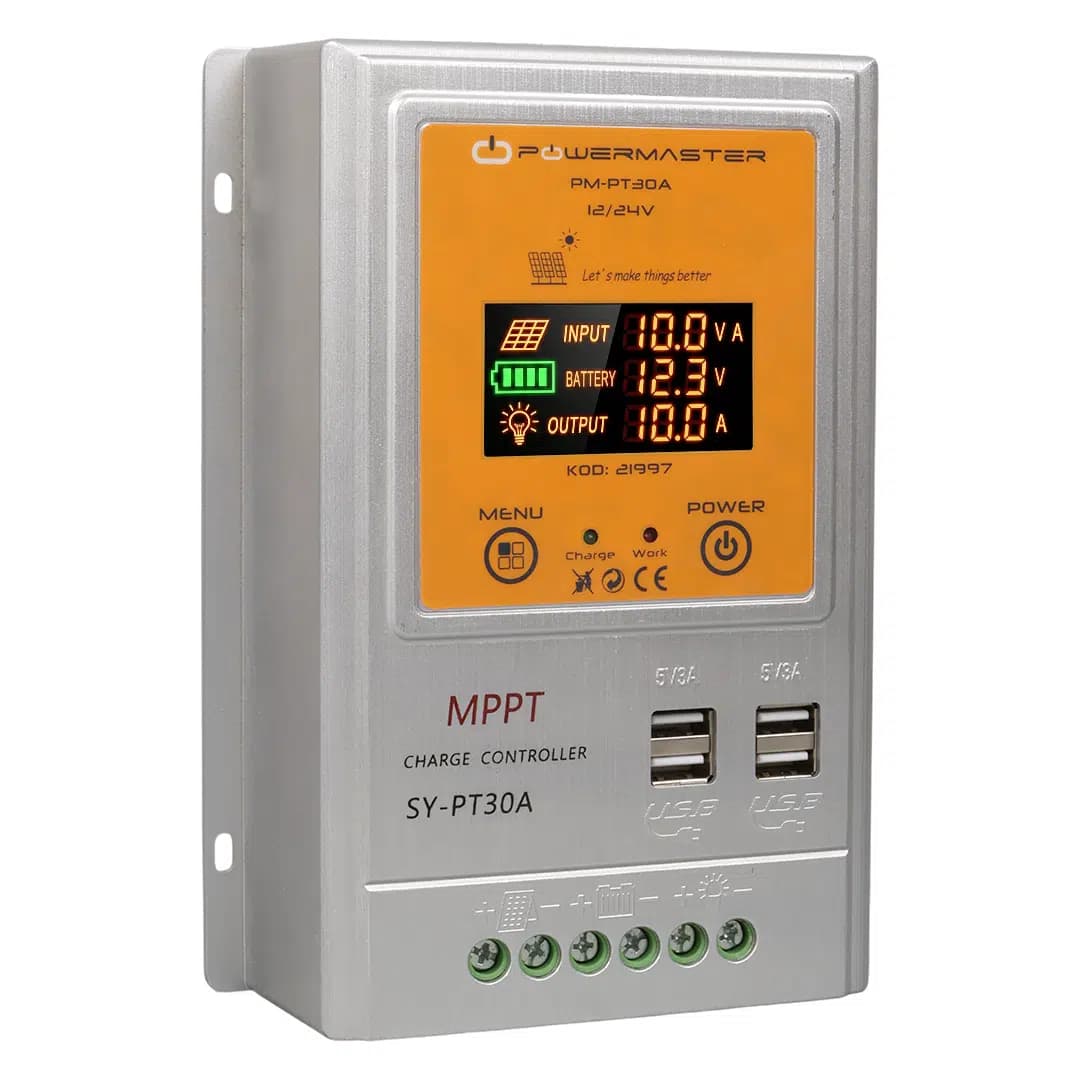 Powermaster PM-PT30A 12V-24V 30 Amper MPPT 4 USB'li Dijital Alüminyum Kasa Solar Şarj Regülatörü - Seyyar Elektronik