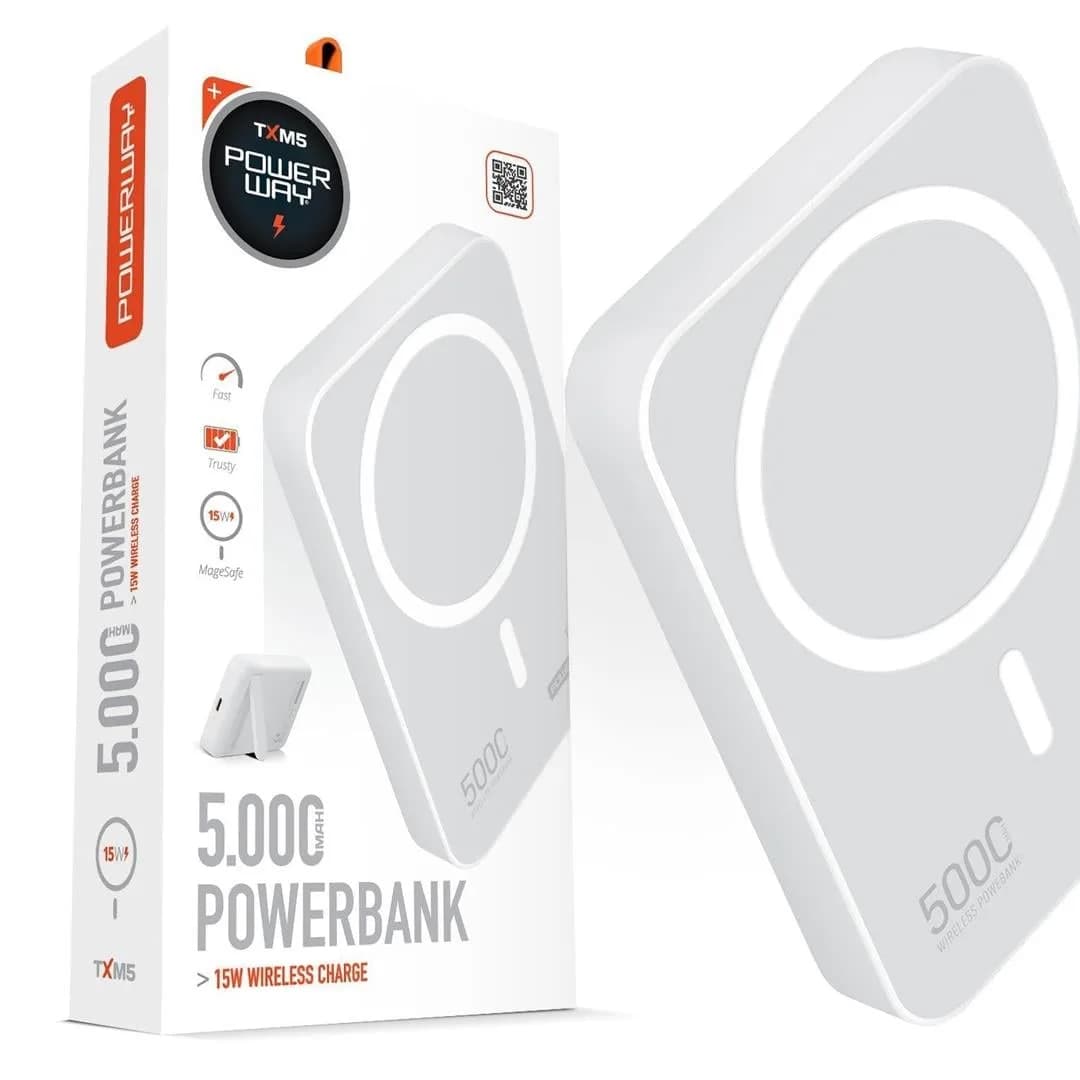 Powerway 5.000mAh PD15W Magsafe Kablosuz Wireless Taşınabilir Şarj Cihazı Beyaz Powerbank TXM5 - Seyyar Elektronik