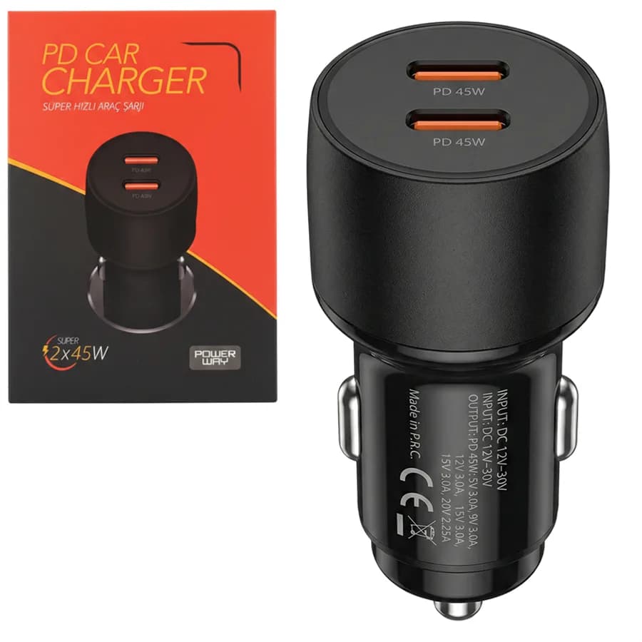 Powerway CC45 PD 2x45W Çift Type-C Çıkışlı Ultra Hızlı Araç Şarjı - Seyyar Elektronik