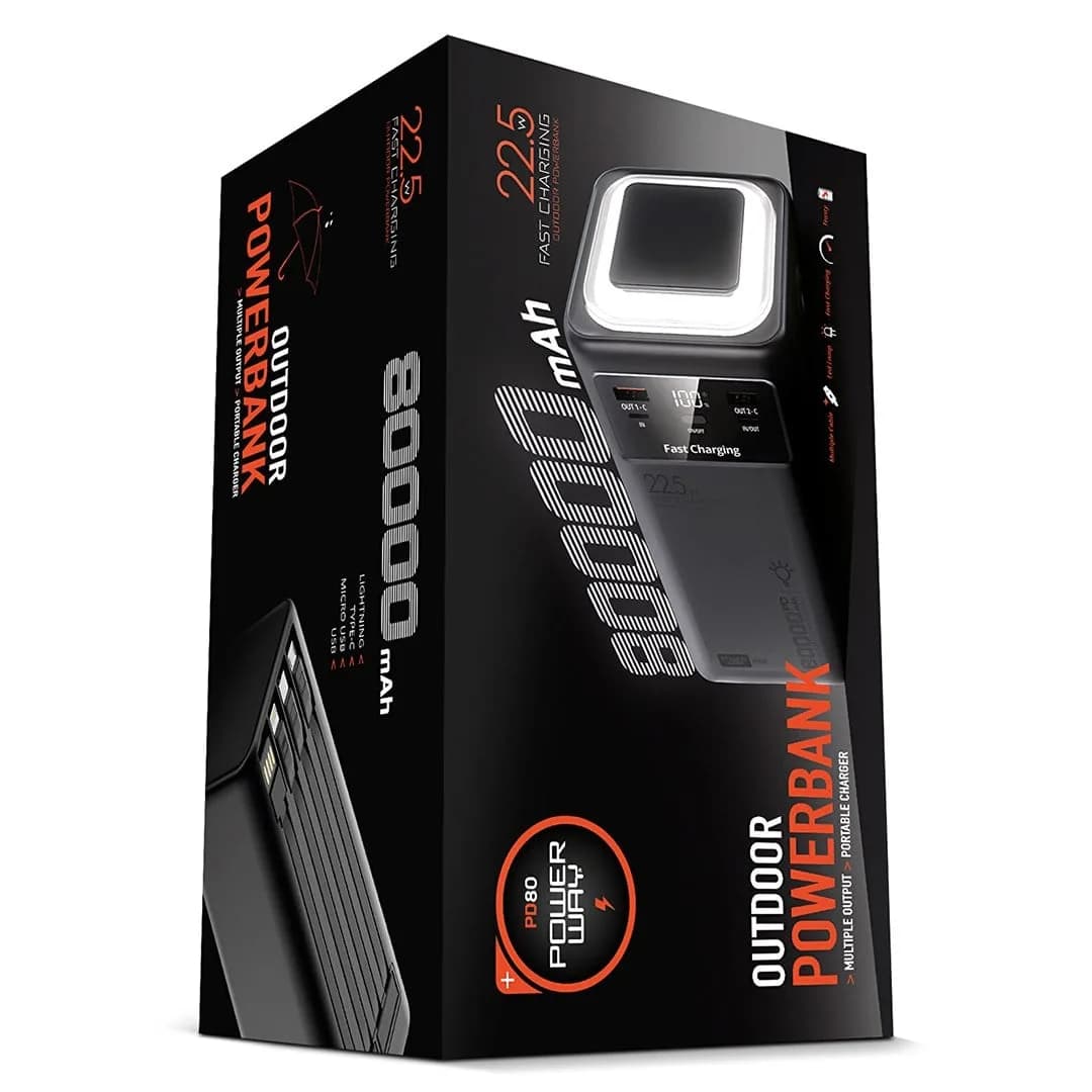 Powerway PD80 80.000mAh 22.5W PD & QC 3.0 Hızlı Şarj Destekli Dijital Göstergeli Powerbank - Seyyar Elektronik