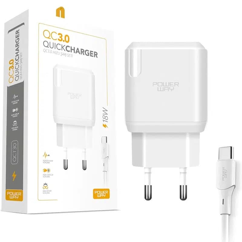 Powerway QCT30 18 Watt 3 Amper Type-C Kablolu Hızlı Şarj Aleti Seti - Seyyar Elektronik