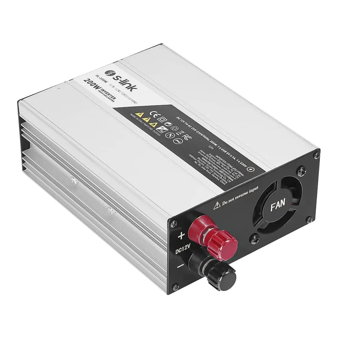 S-Link SL-200W-12 200 Watt DC 12V - AC 230V Anahtarlı Tek USB Portlu Çakmaktan Power Inverter - Seyyar Elektronik