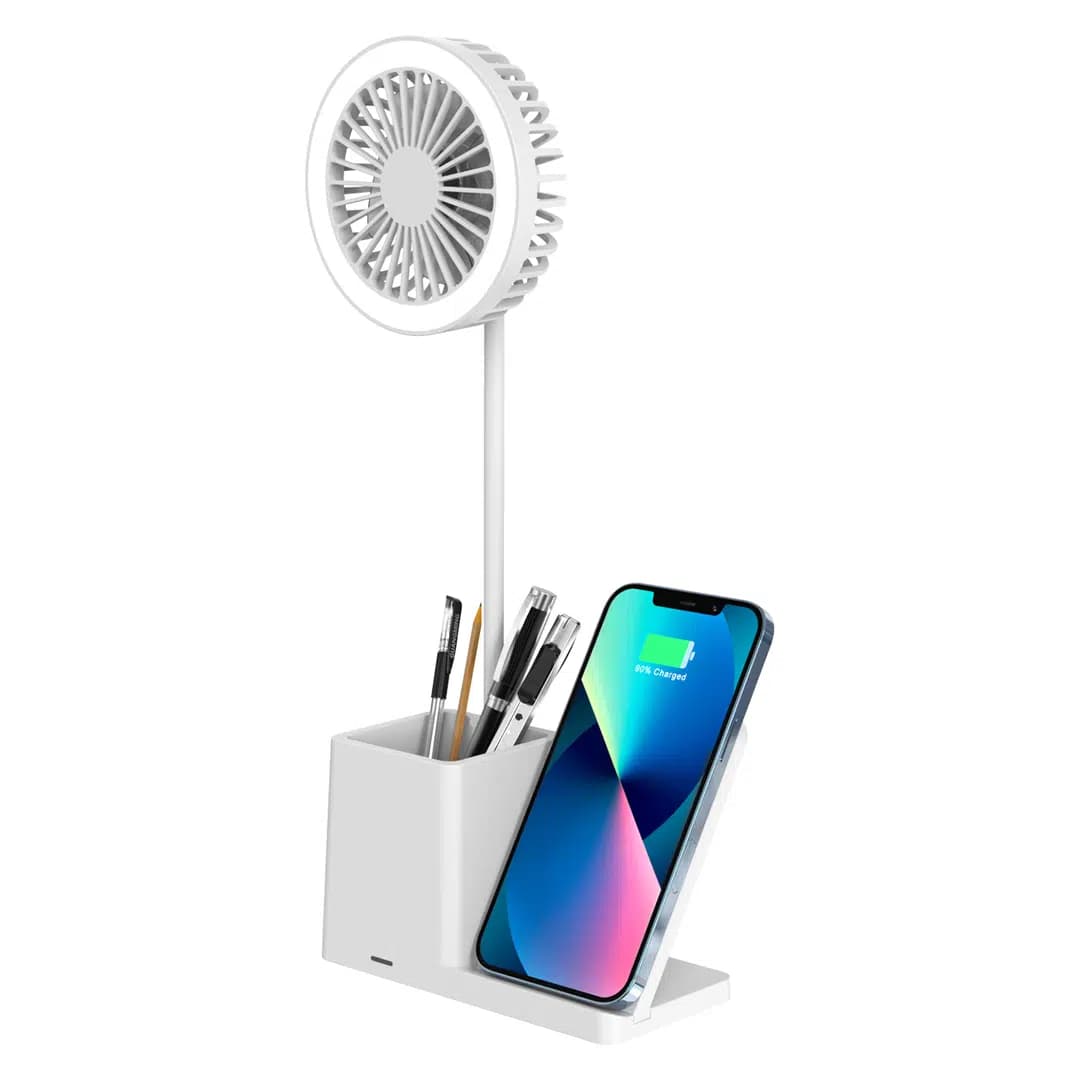 S-link SL-M9055 10 Watt Kablosuz Şarj İstasyonlu Fanlı Kalemlikli Masa Lambası (Beyaz) - Seyyar Elektronik