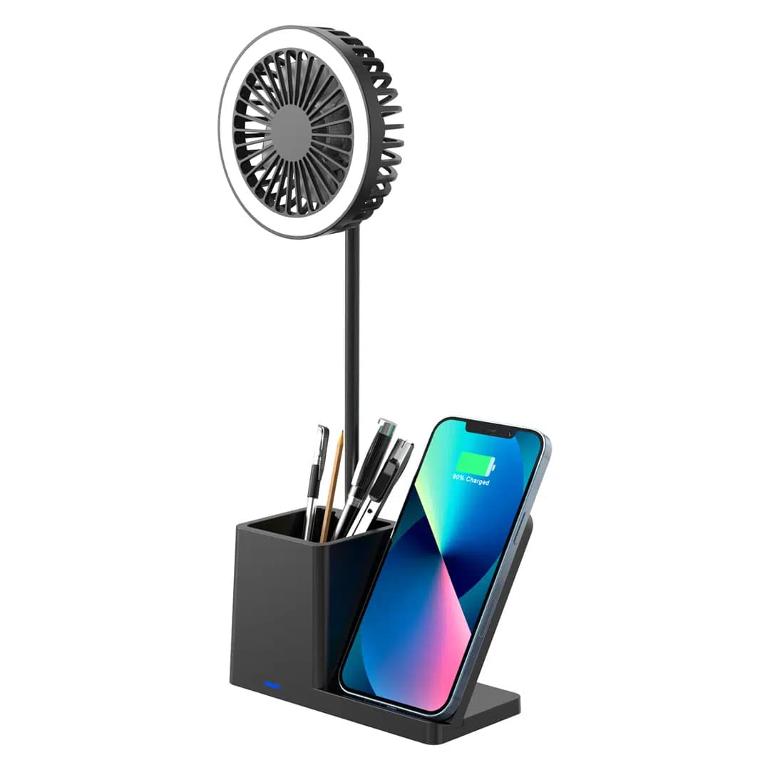 S-link SL-M9055 10 Watt Kablosuz Şarj İstasyonlu Fanlı Kalemlikli Masa Lambası (Siyah) - Seyyar Elektronik