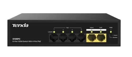Tenda S106PC 6-Portlu 10/100 Mbps Lite PoE Uplink Switch (4 Port PoE Destekli 55W Toplam Güç) - Seyyar Elektronik