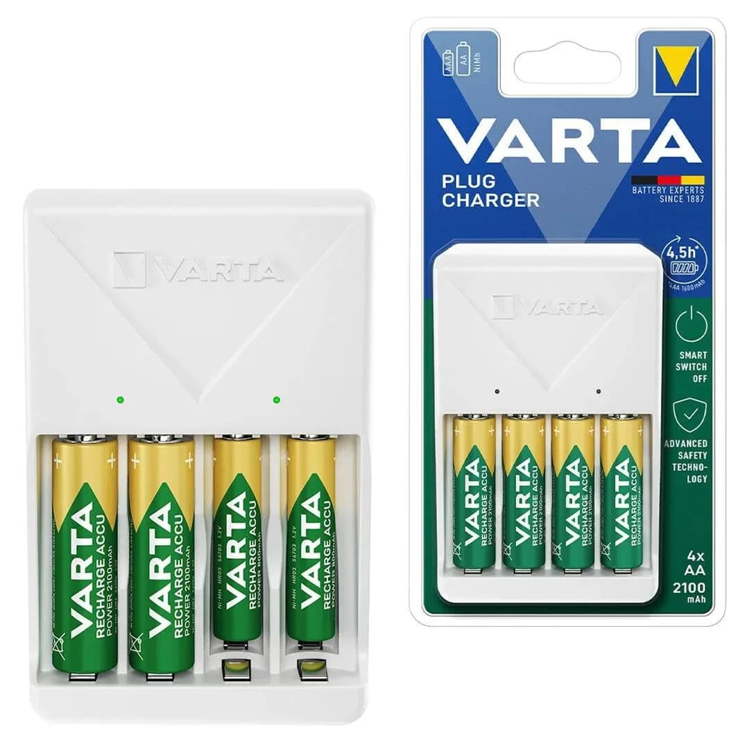 Varta Plug AA/AAA Kalem Pil Şarj Cihazı Aleti - 4 Adet 2100mAh AA HR6 NI-MH Şarj Edilebilir Pil Hediyeli - Seyyar Elektronik