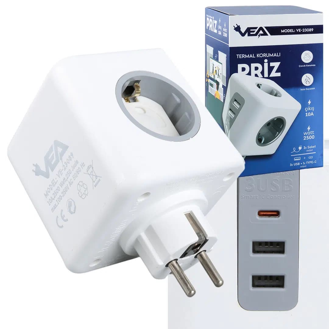 VEA VE-23089 2x USB 1x Type-C 3'lü Çocuk Ve Termal Korumalı Grup Priz - Seyyar Elektronik
