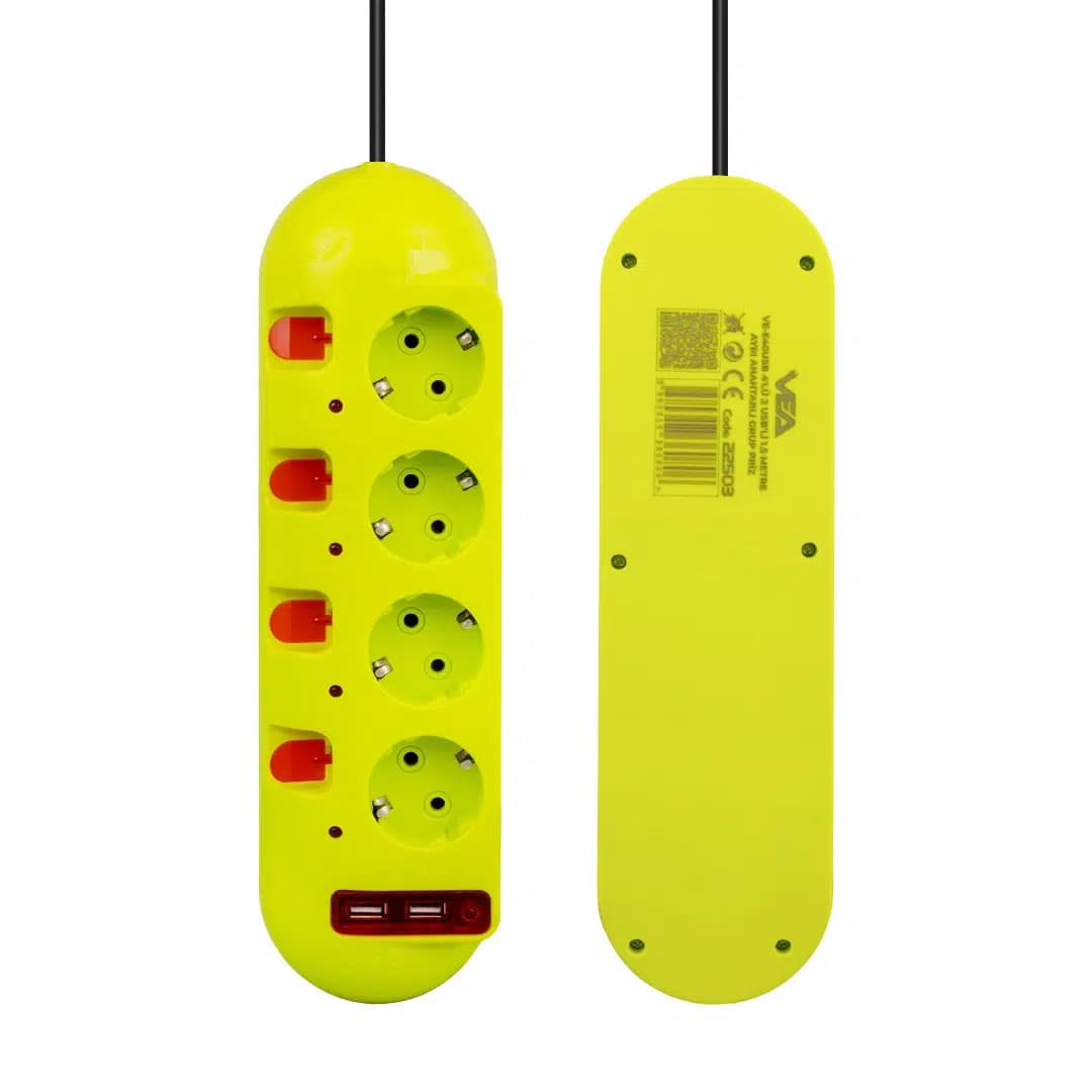 Vea VE-E40USB 4'lü 2 USB'li 1.5 Metre Ayrı Anahtarlı Grup Priz - Seyyar Elektronik