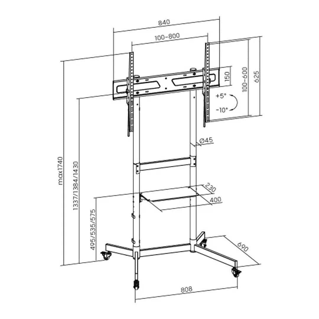 Vontech V1044VE 55''-100'' Uyumlu Tekerlekli Ayaklı Raflı LCD-LED TV Sehpası Standı - Seyyar Elektronik