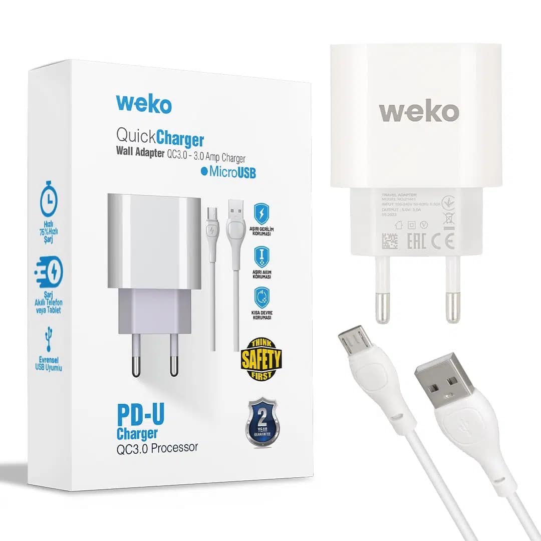 Weko WK-21441 PDU QC 3.0 Amper Telefon Şarj Adaptörü + Micro USB Kablo - Seyyar Elektronik