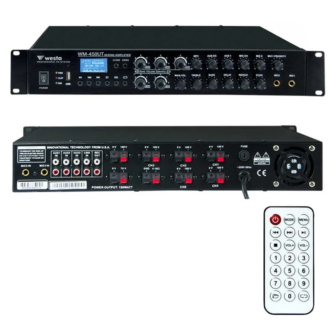 Westa WM-450UT 450W 6 Bölge Kontrollü Profesyonel Mikser Anfi Bluetooth, USB ve Eko Destekli Hat Trafolu Güç Ünitesi - Seyyar Elektronik