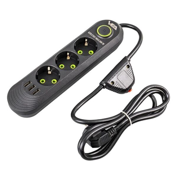 Vea VA-21557 3'lü 3 USB'li 1.5 Metre Akım Korumalı Priz Siyah