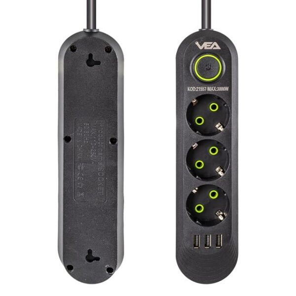 Vea VA-21557 3'lü 3 USB'li 1.5 Metre Akım Korumalı Priz Siyah