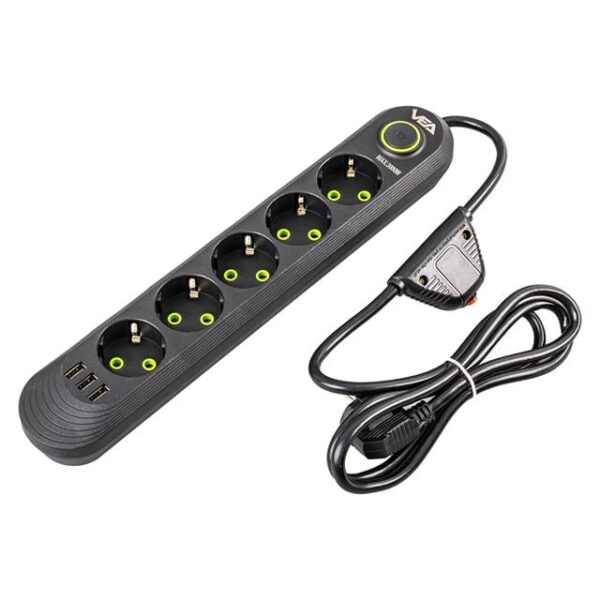 Vea VA-21561 5'li 3 USB'li 1.5 Metre Akım Korumalı Priz Siyah